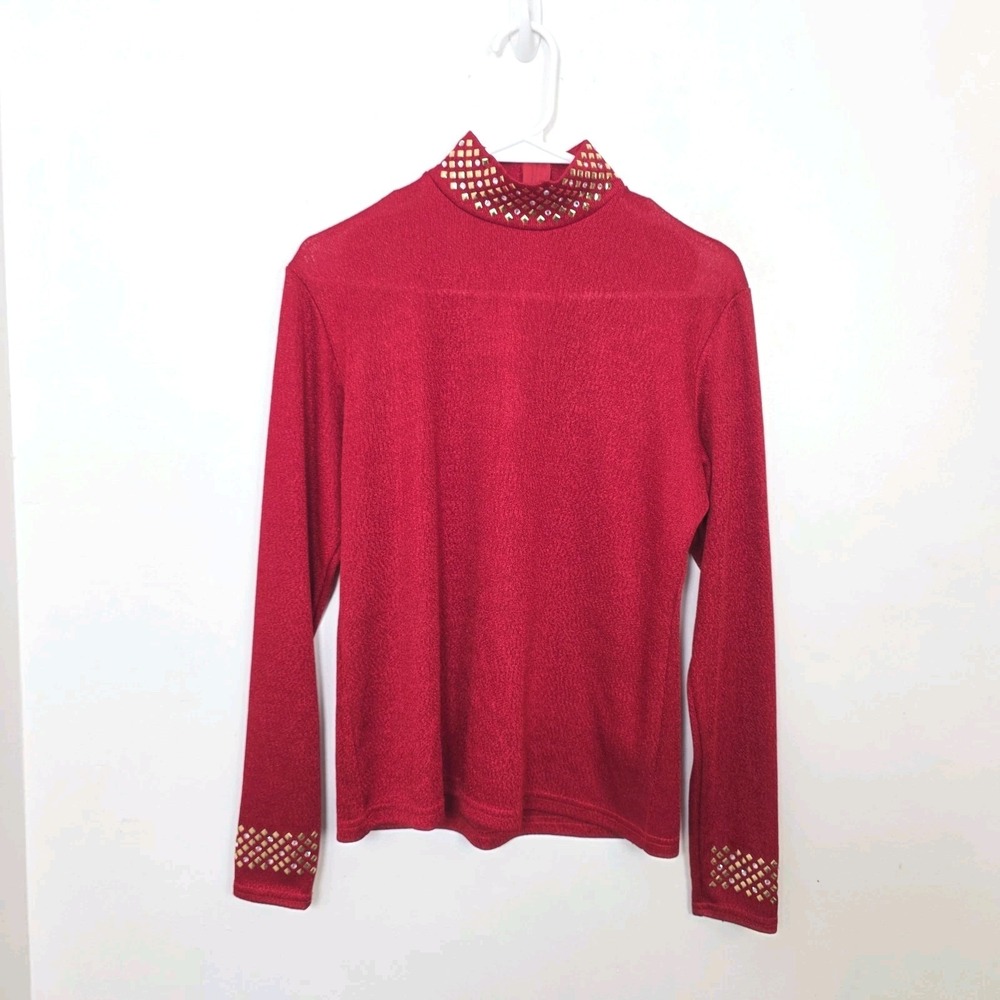 Vintage Red Gold Silver Studded Mock Neck Knit Avant‎ Garde Long Sleeve Top Sz L